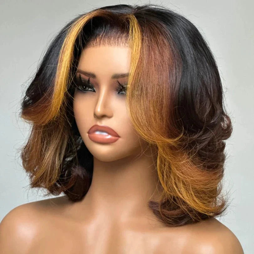 Highlights Layered Cut Bob Wig Mid-part Loose Wave Lace Wig