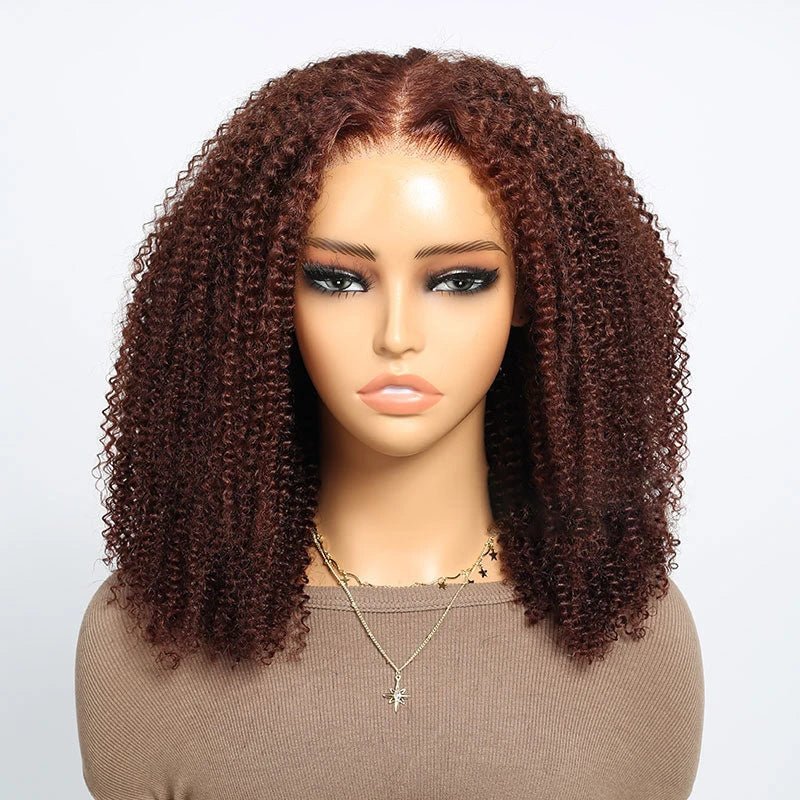 Vorgeschnittene Afro-Lockenperücke mit Spitze und Mittelscheitel in Ombre-Braun