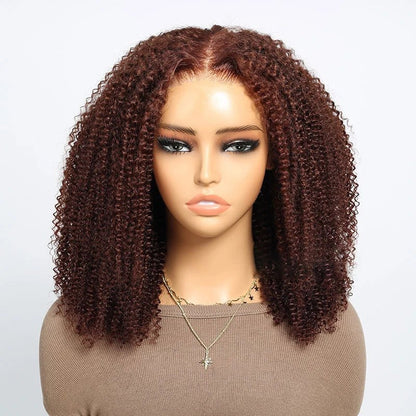 Vorgeschnittene Afro-Lockenperücke mit Spitze und Mittelscheitel in Ombre-Braun