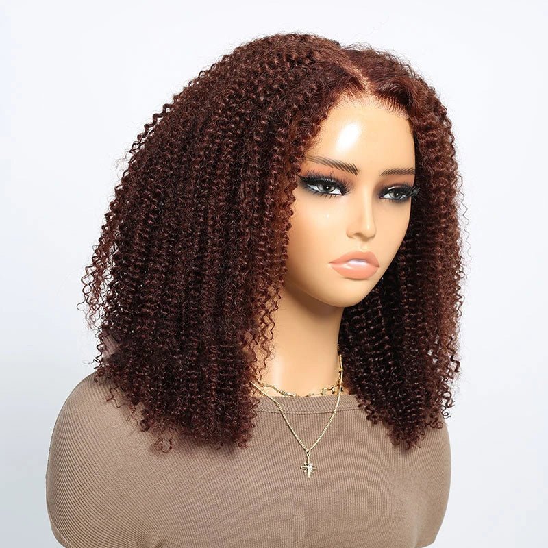Vorgeschnittene Afro-Lockenperücke mit Spitze und Mittelscheitel in Ombre-Braun