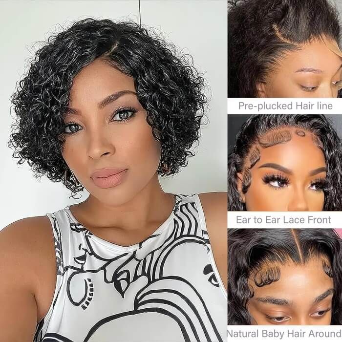 Kurze lockige Pixie Cut Bob Perücke Seitenscheitel Lace Front Echthaar