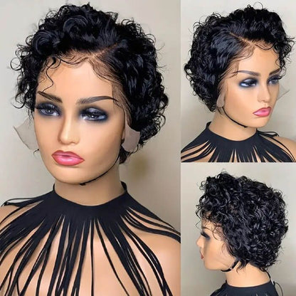 Kurze lockige Pixie Cut Bob Perücke Seitenscheitel Lace Front Echthaar