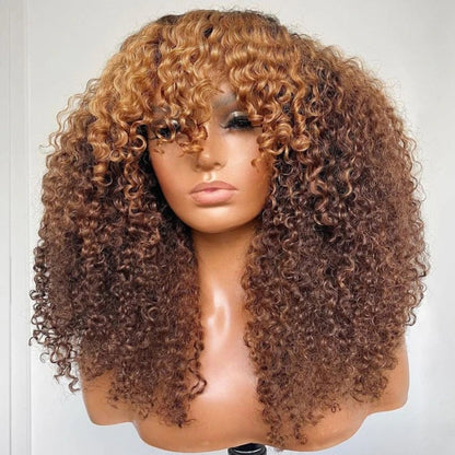 Einzigartige vorgeschnittene Perücke aus lockigem braunem Haar mit blonden Highlights